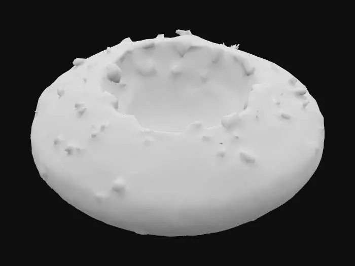 3D model for A small segment of landscape, composed of compacted earth and sparse, withered grass, exhibiting an uneven, rough texture. Its surface features earthy, muted shades of brown and grey. Centered within this plot is a deep, almost perfectly circular shell crater, its edges raised and fractured, revealing darker, looser soil within that contrasts sharply with the surrounding terrain.