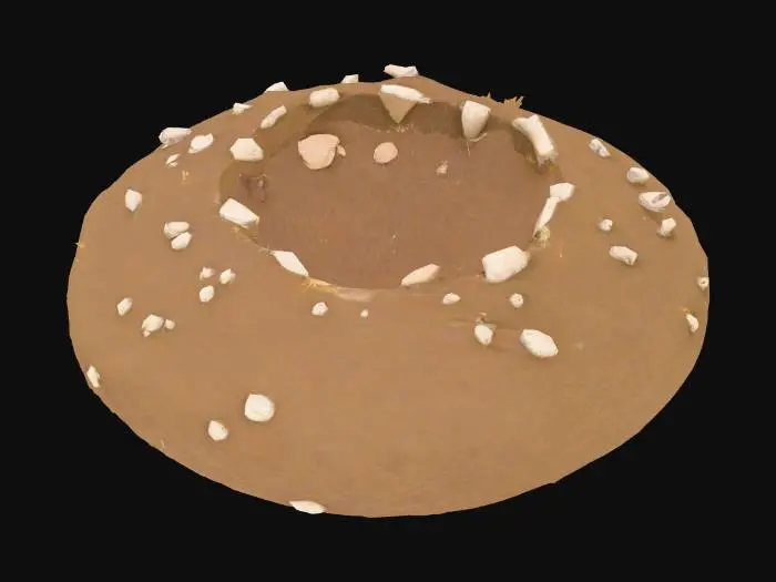 3D model for A small segment of landscape, composed of compacted earth and sparse, withered grass, exhibiting an uneven, rough texture. Its surface features earthy, muted shades of brown and grey. Centered within this plot is a deep, almost perfectly circular shell crater, its edges raised and fractured, revealing darker, looser soil within that contrasts sharply with the surrounding terrain.
