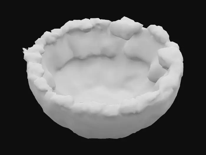 3D model for A small segment of landscape, composed of compacted earth and sparse, withered grass, exhibiting an uneven, rough texture. Its surface features earthy, muted shades of brown and grey. Centered within this plot is a deep, almost perfectly circular shell crater, its edges raised and fractured, revealing darker, looser soil within that contrasts sharply with the surrounding terrain.