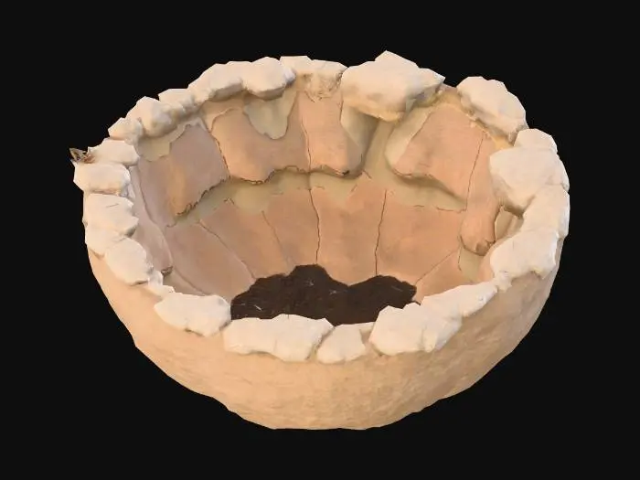 3D model for A small segment of landscape, composed of compacted earth and sparse, withered grass, exhibiting an uneven, rough texture. Its surface features earthy, muted shades of brown and grey. Centered within this plot is a deep, almost perfectly circular shell crater, its edges raised and fractured, revealing darker, looser soil within that contrasts sharply with the surrounding terrain.