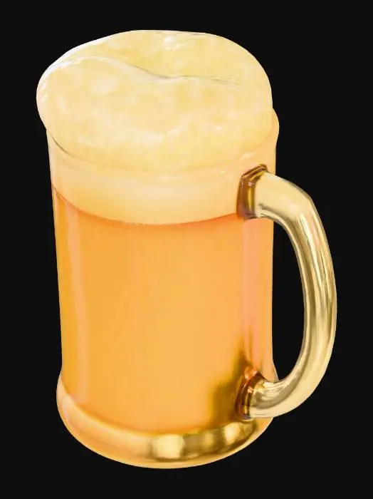 3D model for A large, classic beer mug crafted from thick, transparent glass, featuring a robust cylindrical shape and a sturdy, ergonomic handle for a comfortable grip. Its smooth glass surface beautifully reflects light, while inside, golden foamy beer with a tall, creamy head creates a striking contrast. Condensation droplets are visible on the outer walls, emphasizing its coldness.
