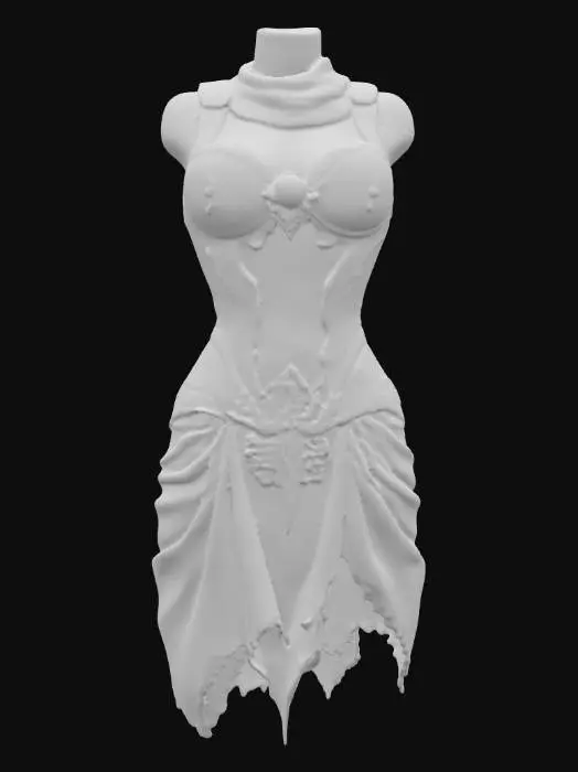 3D model for A stylized fantasy armor set for a female torso, featuring a glossy white, form-fitting undergarment. Over this is a dark, metallic corset with intricate, flowing gold and silver-toned filigree patterns that appear raised and ornate, giving it a solid, protective feel. Dark, flowing fabric drapes over the shoulders and extends down the sides, textured as if made from a heavy, matte material. The ensemble suggests a blend of hard, sculpted armor and soft, elegant drapery.