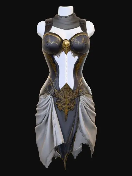 3D model for A stylized fantasy armor set for a female torso, featuring a glossy white, form-fitting undergarment. Over this is a dark, metallic corset with intricate, flowing gold and silver-toned filigree patterns that appear raised and ornate, giving it a solid, protective feel. Dark, flowing fabric drapes over the shoulders and extends down the sides, textured as if made from a heavy, matte material. The ensemble suggests a blend of hard, sculpted armor and soft, elegant drapery.