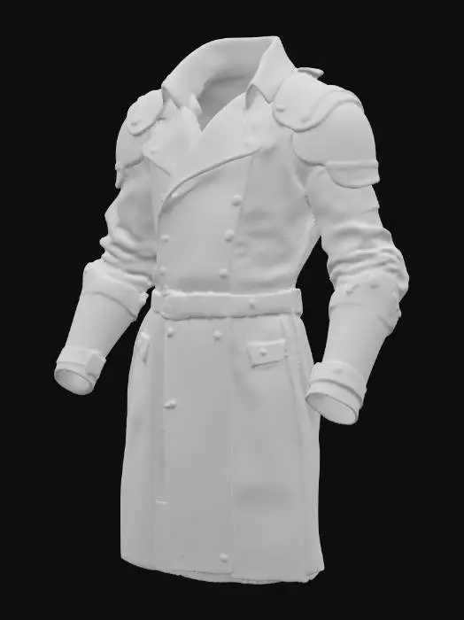 3D model for An armored coat featuring an elongated silhouette, crafted from heavy, slightly worn dark grey canvas or thick leather. Over the main fabric, matte steel metallic plates are stitched, providing protection for the shoulders, chest, and forearms. The coat's edges and collar are reinforced with coarse stitching and adorned with rivets. The internal lining appears softer, while the exterior surface feels rigid and resistant to wear. The metal shows scuffs, creating a well-used effect.
