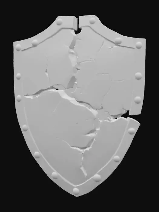 3D model for A shattered old steel shield, severely damaged in combat, features a fractured and deformed surface. Its original circular shape is distorted, with large cracks extending through the metal and missing fragments along the edges. The matte, tarnished steel is covered in deep scratches and patches of dark reddish rust, especially along the breaks. The edges of the fractures are sharp and jagged to the touch, giving the shield the appearance of having withstood numerous impacts and shrapnel.