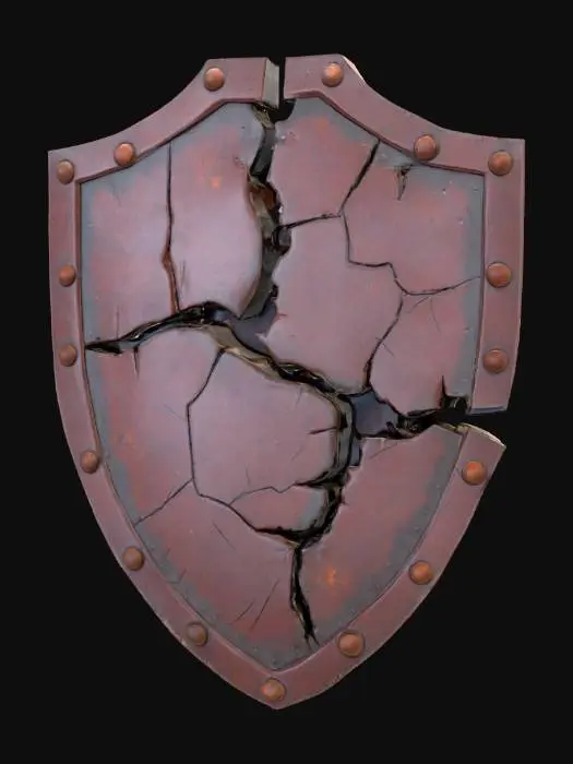 3D model for A shattered old steel shield, severely damaged in combat, features a fractured and deformed surface. Its original circular shape is distorted, with large cracks extending through the metal and missing fragments along the edges. The matte, tarnished steel is covered in deep scratches and patches of dark reddish rust, especially along the breaks. The edges of the fractures are sharp and jagged to the touch, giving the shield the appearance of having withstood numerous impacts and shrapnel.