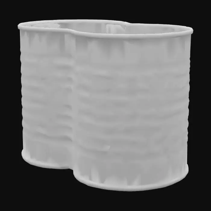 3D model for A cylindrical metal can of preserved food with a smooth, slightly reflective surface. Its body is made of gray tin, showing barely visible horizontal ridges along its height. A matte paper label is tightly wrapped around the can, displaying the product name and an image printed in vivid colors. The top and bottom lids are flat and undented, with a clearly visible seam. To the touch, the can feels cool and rigid.