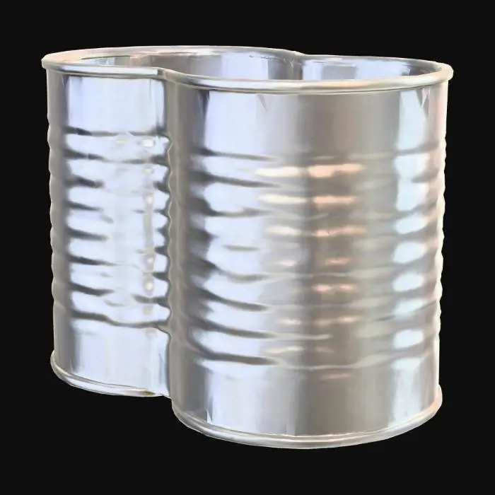 3D model for A cylindrical metal can of preserved food with a smooth, slightly reflective surface. Its body is made of gray tin, showing barely visible horizontal ridges along its height. A matte paper label is tightly wrapped around the can, displaying the product name and an image printed in vivid colors. The top and bottom lids are flat and undented, with a clearly visible seam. To the touch, the can feels cool and rigid.