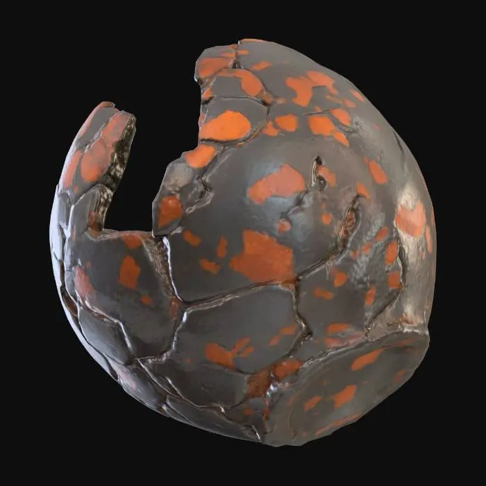 3D model for A broken cannonball is a spherical fragment of matte black cast iron, torn in two by an uneven, jagged fracture. Its surface is rough and gritty to the touch, covered in reddish-brown rust spots that give it a porous, corroded texture. The internal surface of the fracture exposes a darker, granular metal structure with sharp, uneven edges that appear crumbly.