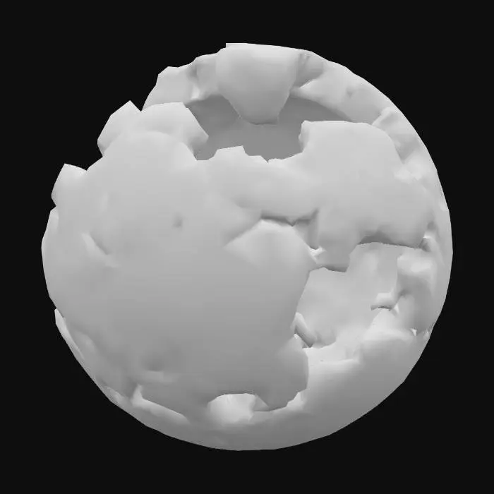 3D model for A broken cannonball is a spherical fragment of matte black cast iron, torn in two by an uneven, jagged fracture. Its surface is rough and gritty to the touch, covered in reddish-brown rust spots that give it a porous, corroded texture. The internal surface of the fracture exposes a darker, granular metal structure with sharp, uneven edges that appear crumbly.