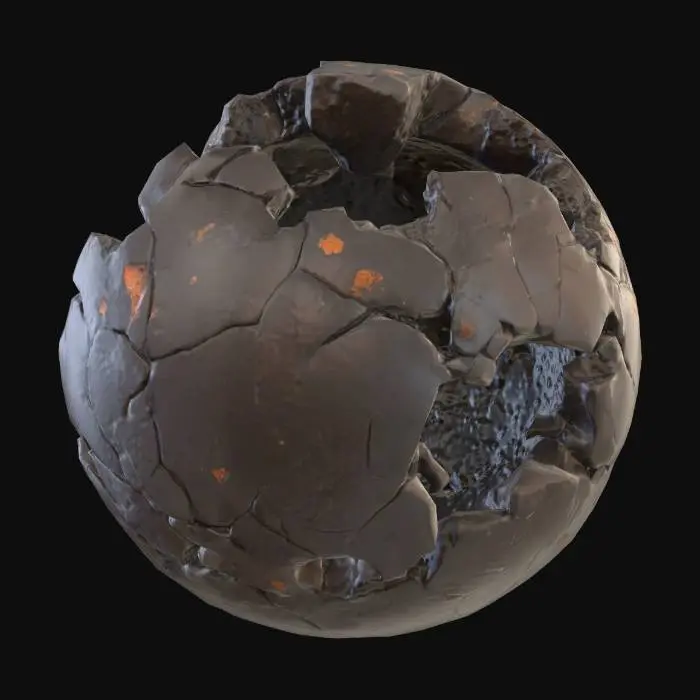 3D model for A broken cannonball is a spherical fragment of matte black cast iron, torn in two by an uneven, jagged fracture. Its surface is rough and gritty to the touch, covered in reddish-brown rust spots that give it a porous, corroded texture. The internal surface of the fracture exposes a darker, granular metal structure with sharp, uneven edges that appear crumbly.