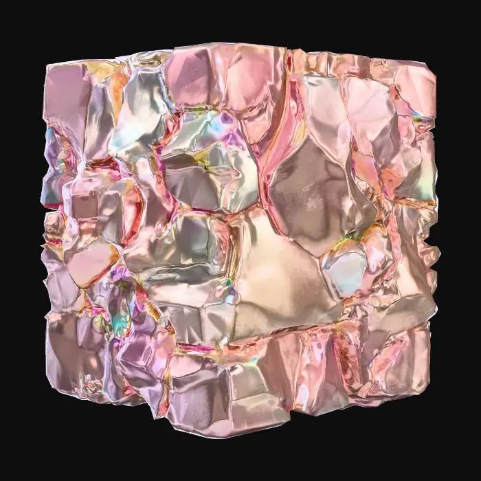 3D model for A bismuth cube, distinguished by its vibrant iridescence, shimmering with all the colors of the rainbow, from golden and pink to blue and green. Its surface is covered in distinct, stepped crystalline formations, creating a rough, layered texture. The metallic structure has clear but slightly uneven faces and sharp angles, characteristic of grown crystals. The object appears heavy and dense, with a cool metallic luster that catches the eye.