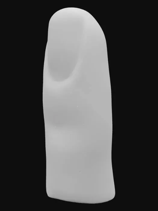 3D model for A realistic human finger, sculpted with a natural, rounded shape and subtle tapering towards the tip. Its surface features a highly detailed, distinct loop fingerprint pattern, showing finely rendered ridges and valleys for a tactile feel. A realistically embedded nail, with a smooth, slightly translucent surface and a natural crescent lunula, adorns the tip. The skin exhibits a lifelike texture with minute pores and subtle color variations, conveying a soft, supple appearance.