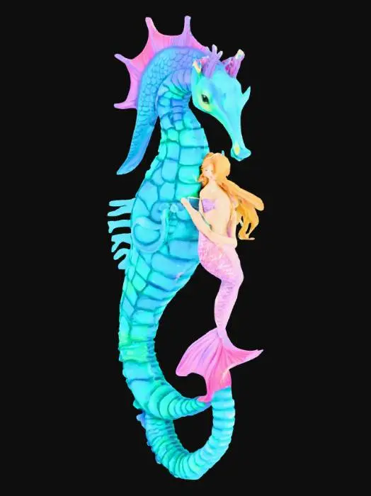 3D model for creame un hipocampo con una sirena montada sobre el con texturas detalladas y preciosas