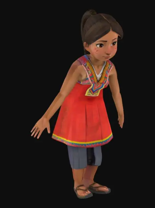 3D model for An avatar of an Ecuadorian girl with cultural dress alluding to Ecuador, her hair tied back, avoid skirts, low poly, fullbody, T pose and symmetrical body