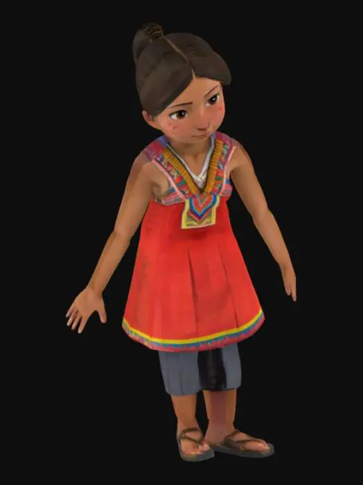 3D model for An avatar of an Ecuadorian girl with cultural dress alluding to Ecuador, her hair tied back, avoid skirts, low poly, fullbody, T pose and symmetrical body