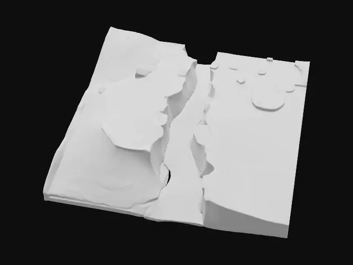 3D model for High alpine glacier under stormy sky; colossal stone guardian partly entombed in ice, cracked surface with icy veins, snow crust on ledges, blue subsurface glow from runes, gale-blown spindrift, moody overcast