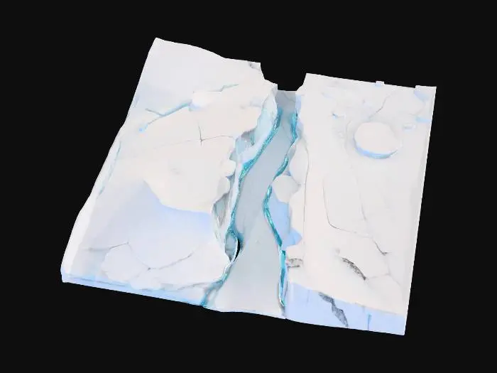 3D model for High alpine glacier under stormy sky; colossal stone guardian partly entombed in ice, cracked surface with icy veins, snow crust on ledges, blue subsurface glow from runes, gale-blown spindrift, moody overcast