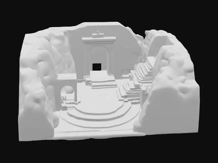 3D model for Sunken stepwell in a desert canyon; weather-blasted granite guardian half-buried to the chest, sand streaming from joints, lapis inlays and worn geometric patterns, heat haze, long shadows at golden hour, distant pilgrims on stairs for scale, serene yet imposing