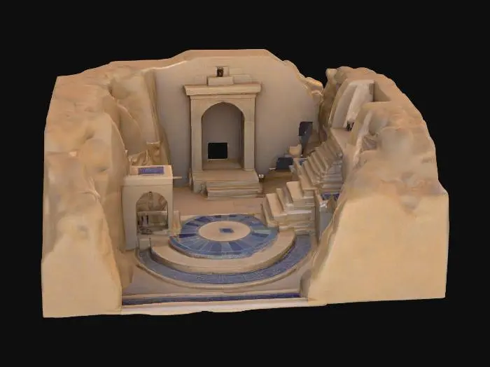 3D model for Sunken stepwell in a desert canyon; weather-blasted granite guardian half-buried to the chest, sand streaming from joints, lapis inlays and worn geometric patterns, heat haze, long shadows at golden hour, distant pilgrims on stairs for scale, serene yet imposing