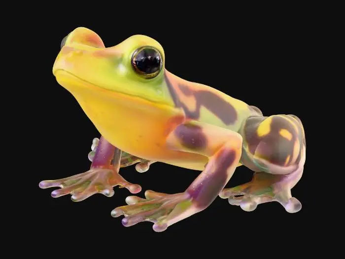 3D model for small, translucent frogs with vibrant lily pad patterns on their skin reside near the sparkling streams. They emit a soft glow during the night, creating a magical ambiance. Their croaks are melodious and contribute to the enchanting symphony of the glade
