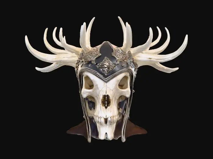 3D model for Bone-Crown Helm – antler-like ridges of bleached bone wrapping around a skull-mask front., #PBR#
