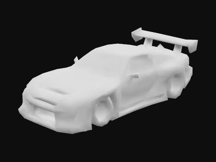 3D model for Widebody Street Racer (RX-7-inspired)

Blocky low-poly Japanese sports car with wide fenders, large rear spoiler, PS1 retro style, polygonal textures, asset shot isolated on grey background