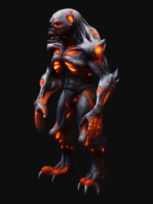 3D model for Fantasy lava ghost mutant brute, massive molten body, body gradually forming from lava, elegant stance, detailed menacing face, extremely detailed, high sharp resolution texture, hyperrealistic, epic stance, design patterns inspired by HR Giger, distressed textures, dark and gloomy, evil and sinister
