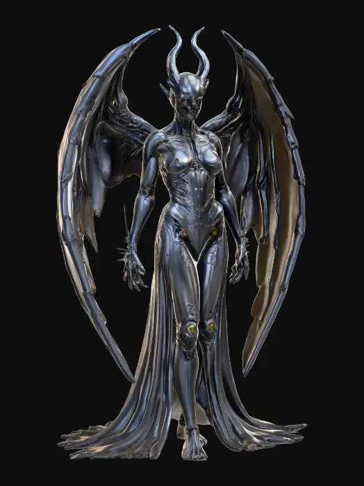3D model for fantasy mercury-clad seraph harbinger, massive liquid-metal wing body, body gradually pouring from shattered thermometers, elegant stance, detailed menacing face, extremely detailed, high sharp resolution texture, hyperrealistic, epic stance, design patterns inspired by HR Giger, distressed textures, dark and gloomy, evil and sinister