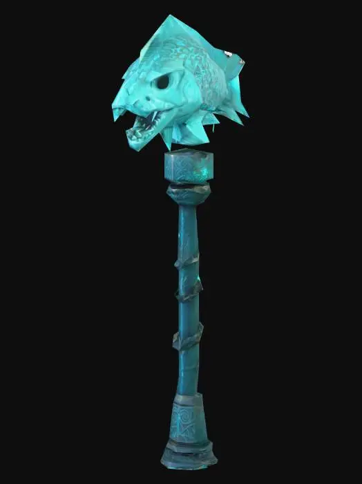 3D model for Coral-blue pole with anglerfish skull head; teal bioluminescence flows down etched runes.sword,low poly,like world of warcraft