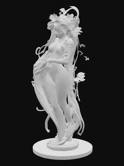 3D model for Her long sculpted hair, also porcelain, flows in stylized arcs, adorned with sculpted blossoms and golden vines. Her face is serene, lifelike, and flawless, with subtle makeup detailing and a calm, divine expression. The lighting is museum-style, softly cascading from above, casting warm highlights on the polished ceramic surface and intricate textures. The backdrop is minimal and dark, emphasizing her divine presence and emphasizing the fine craftsmanship. Ultra-high resolution, photorealistic material render, vertical composition, cinematic lighting, 32k texture fidelity, futuristic porcelain sculpture, rococo biomech goddess, fine art meets fantasy android.