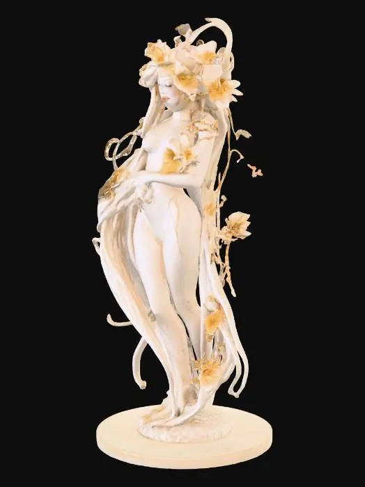 3D model for Her long sculpted hair, also porcelain, flows in stylized arcs, adorned with sculpted blossoms and golden vines. Her face is serene, lifelike, and flawless, with subtle makeup detailing and a calm, divine expression. The lighting is museum-style, softly cascading from above, casting warm highlights on the polished ceramic surface and intricate textures. The backdrop is minimal and dark, emphasizing her divine presence and emphasizing the fine craftsmanship. Ultra-high resolution, photorealistic material render, vertical composition, cinematic lighting, 32k texture fidelity, futuristic porcelain sculpture, rococo biomech goddess, fine art meets fantasy android.
