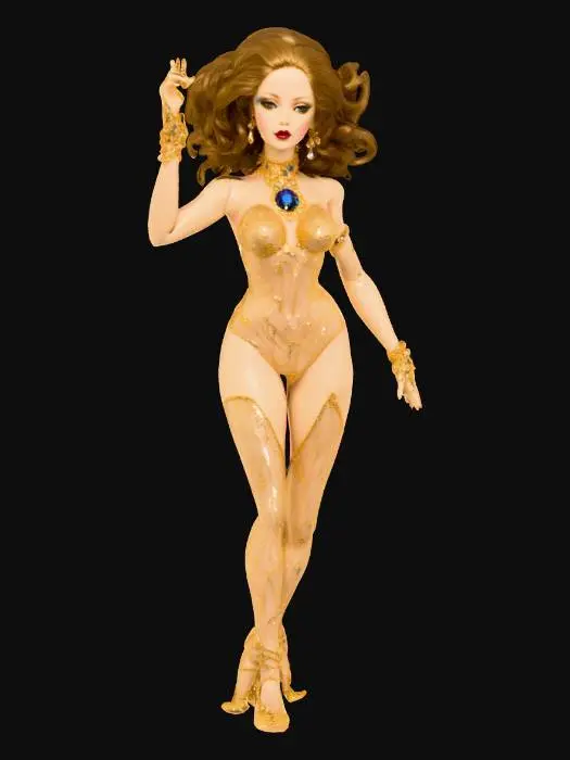 3D model for a living porcelain doll, adorned all over with gold, sequins and jewels doing dynamic twisted voguing poses