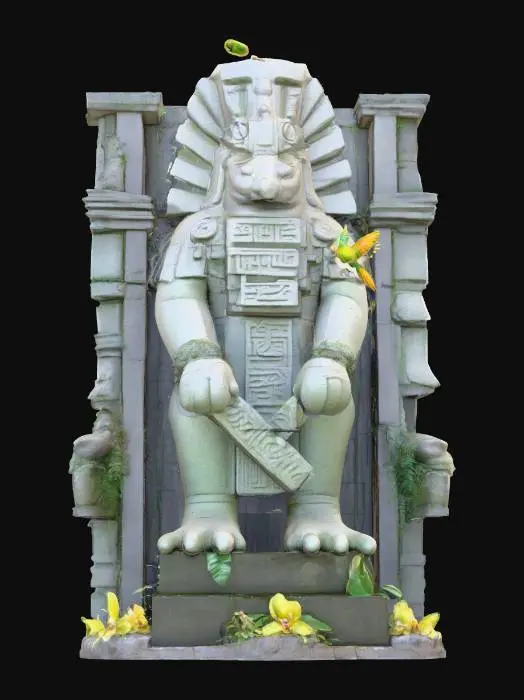 3D model for Jungle-choked ziggurat plaza at dawn; stone guardian the size of a building, shoulders fused from broken statues, vine-draped, orchids and roots crawling over chiselled glyphs, eyes like dim embers; parrots circling for scale, wet stone sheen, mist layers, warm shafts of light, moody greens, cinematic depth