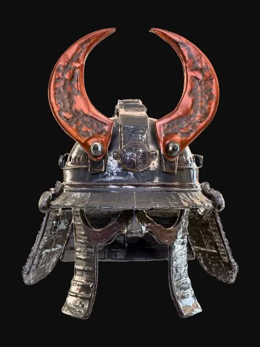 3D model for Ashen Samurai Kabuto – blackened plates with a horned crescent crest, weathered ash texture., #PBR#