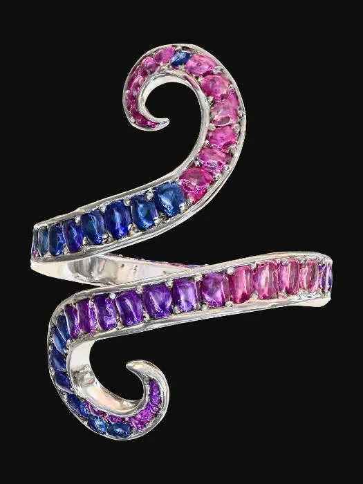 3D model for Aurora Sapphire Spiral – Gradient of sapphires (blue to pink) spiraling up a platinum band., #PBR#