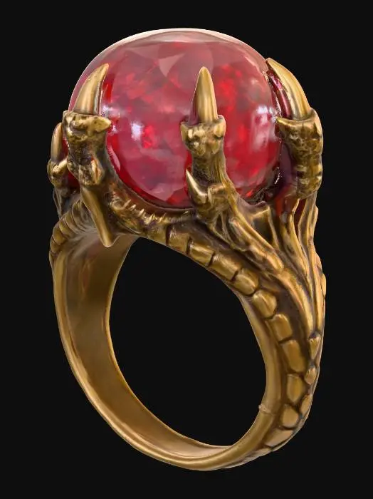 3D model for Blood Moon Ruby Ring – Pigeon-blood ruby orb held in gold prongs shaped like dragon claws. , #PBR#