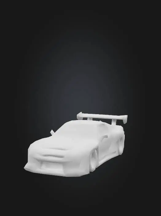 3D model for Widebody Street Racer (RX-7-inspired)

Blocky low-poly Japanese sports car with wide fenders, large rear spoiler, PS1 retro style, polygonal textures, asset shot isolated on grey background