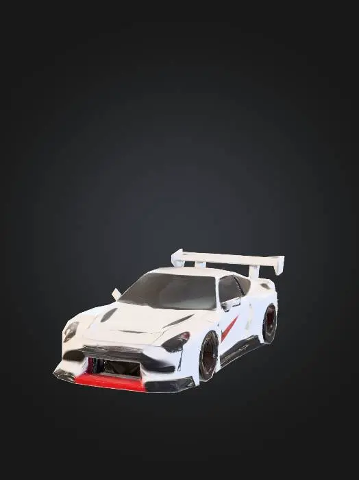 3D model for Widebody Street Racer (RX-7-inspired)

Blocky low-poly Japanese sports car with wide fenders, large rear spoiler, PS1 retro style, polygonal textures, asset shot isolated on grey background