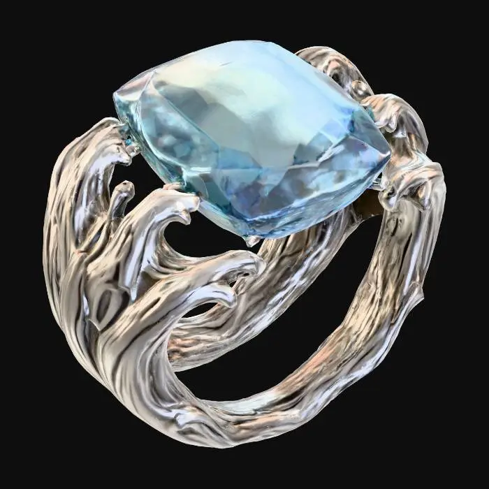 3D model for 
Atlantis Relic Ring – Aquamarine stone floating between two wave-carved platinum bands.
, #PBR#