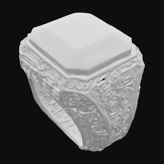 3D model for Emerald Labyrinth Ring – Large step-cut emerald encased in an intricate maze of golden filigree., #PBR#