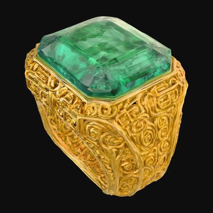 3D model for Emerald Labyrinth Ring – Large step-cut emerald encased in an intricate maze of golden filigree., #PBR#