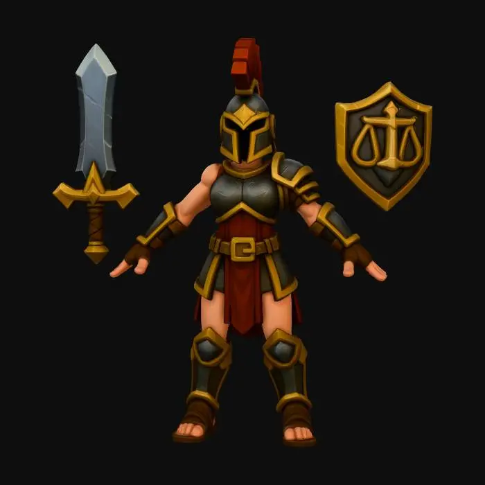 3D model for Warrior of Justice, . **(HERO,SPECIAL CHARACTER)Valeria the Vigilant:** A renowned gladiatrix who upholds a strict code of honor and justice
