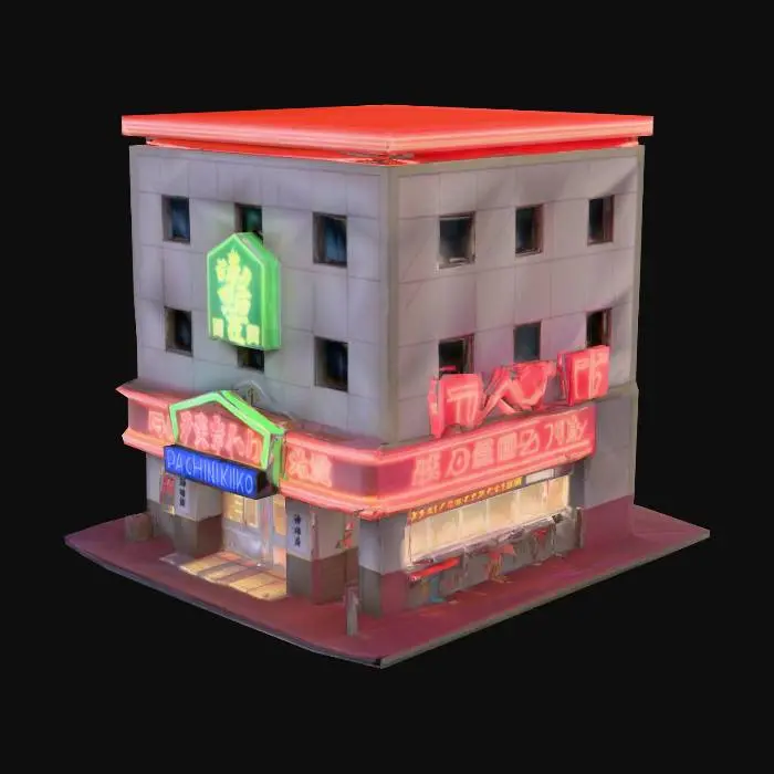 3D model for Pachinko Parlor

Japanese pachinko building with neon signage, glowing facade, PS1 polygonal retro textures, blocky geometry, asset render isolated