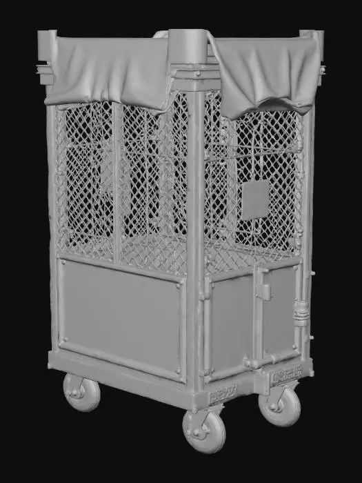 3D model for Ein hoher Industrie-Käfig-Rollwagen mit einem robusten Stahlrohrrahmen und Rautendraht-Gitter, dessen Oberseite von einer schmutzigen, grauen Plane bedeckt und mit ausgefransten Schnüren notdürftig fixiert ist. Die Doppeltüren sind mit einem rostigen Riegel und einem massiven Vorhängeschloss gesichert. Das verzinkte Metall zeigt tiefe Rostspuren, eingetrockneten Schmutz und dezente Beulen, die eine raue, ungleichmäßige Textur erzeugen. Vier Lenkrollen, davon zwei mit Bremsen, tragen den Wagen. Farb-Tape-Markierungen in Rot, Blau und Gelb sind als Details vorhanden.