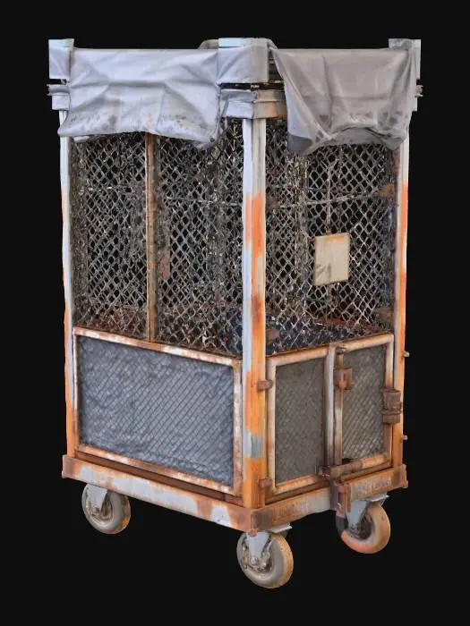 3D model for Ein hoher Industrie-Käfig-Rollwagen mit einem robusten Stahlrohrrahmen und Rautendraht-Gitter, dessen Oberseite von einer schmutzigen, grauen Plane bedeckt und mit ausgefransten Schnüren notdürftig fixiert ist. Die Doppeltüren sind mit einem rostigen Riegel und einem massiven Vorhängeschloss gesichert. Das verzinkte Metall zeigt tiefe Rostspuren, eingetrockneten Schmutz und dezente Beulen, die eine raue, ungleichmäßige Textur erzeugen. Vier Lenkrollen, davon zwei mit Bremsen, tragen den Wagen. Farb-Tape-Markierungen in Rot, Blau und Gelb sind als Details vorhanden.