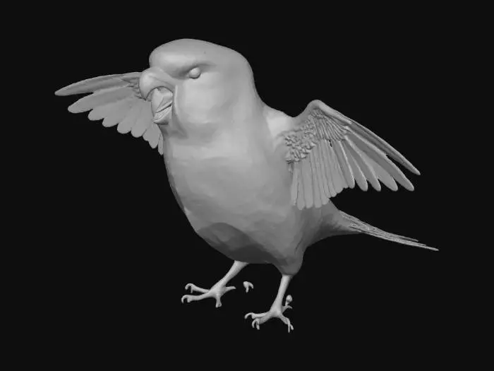 3D model for A hyper-realistic, anatomically accurate 3D render of a budgerigar standing on a neutral surface with both wings fully extended. The bird’s beak is slightly open, showing detailed inner mouth anatomy such as tongue and moist textures. Feathers are individually defined with realistic layering, soft color gradients of green, turquoise, yellow, and white. Lighting is neutral, diffused studio light with soft shadows, pure white background for a scientific look. Rendered in ultra high resolution (8K) with PBR materials, realistic translucency, and lifelike reflections. --ar 1:1 --v 6 --q 2 --style raw --uplight