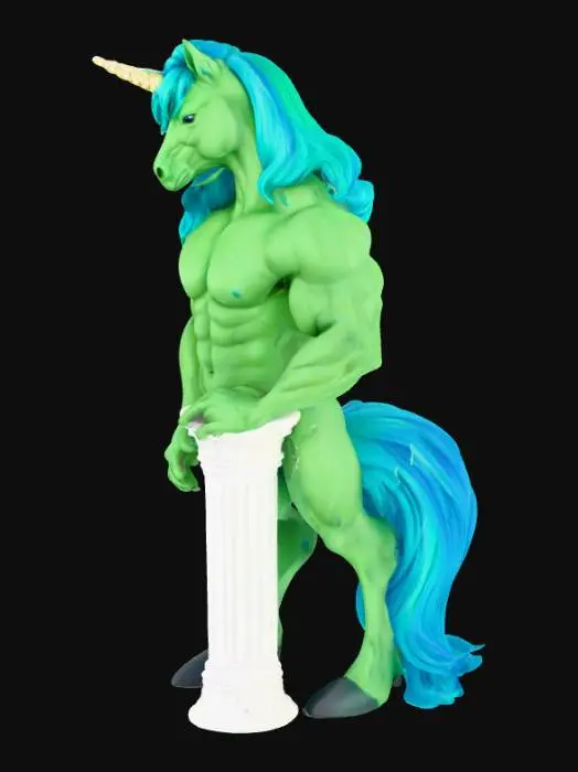 3D model for muskulöses männliches Einhorn in grün mit blauen haaren nur den oberkörper auf einer kleinen säule