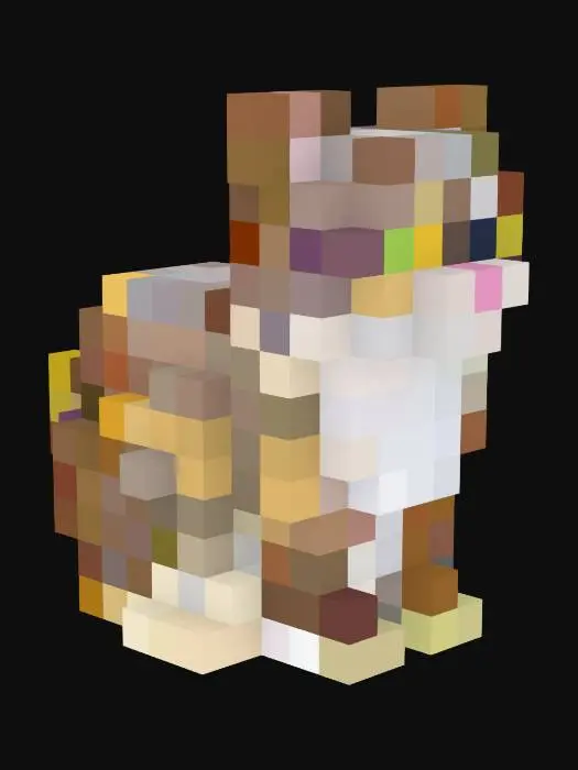 3D model for a domestic short hair brown calico cat, sitting, realistic fur, big eyes, cute expression