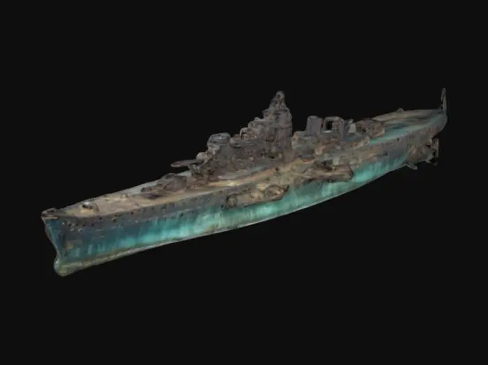 3D model for Deep Sea Ship Wreck of a 2nd world War Battleship on a sandy seabed.